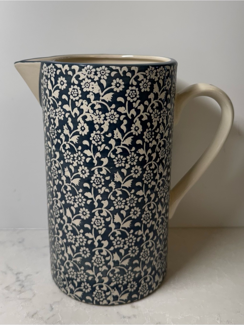 Anthropologie Navy and Cream Floral Ceramic Tana Floral Pitcher